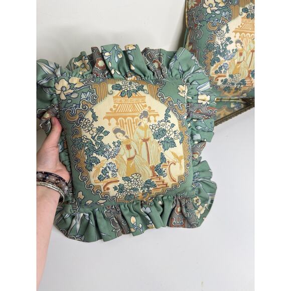 Set of Two Rare Sage Green Japanese Geisha Throw Pillows Chinioserie Garden - Picture 6 of 10